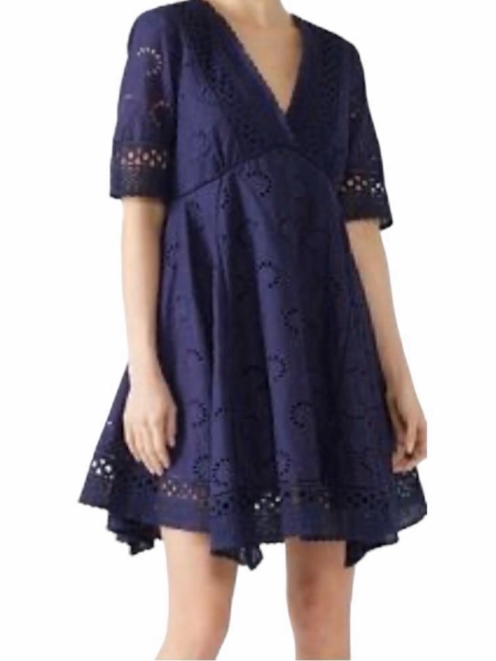 Navy Eyelet V-Neck Mini Dress